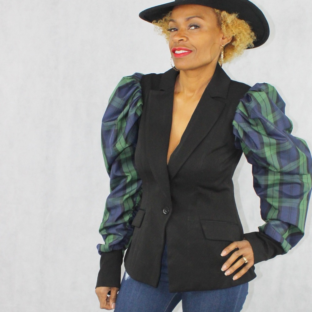 Tartan puff sleeve blazer